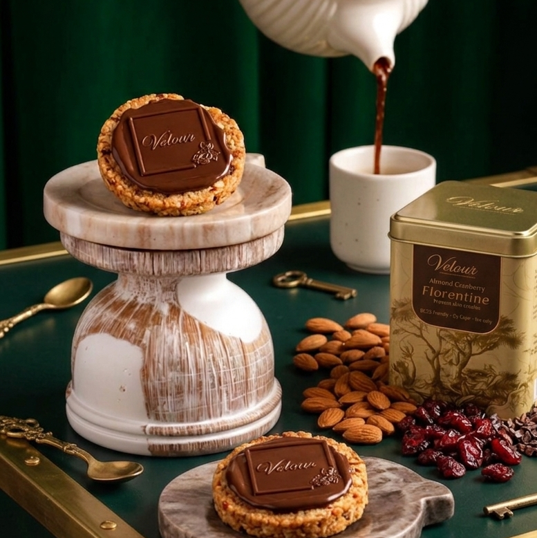 Tea being poured into a cup with cookies, nuts, and a tea canister on a green surface.